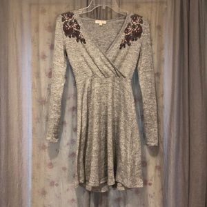 GREY EMBROIDERED WRAP DRESS